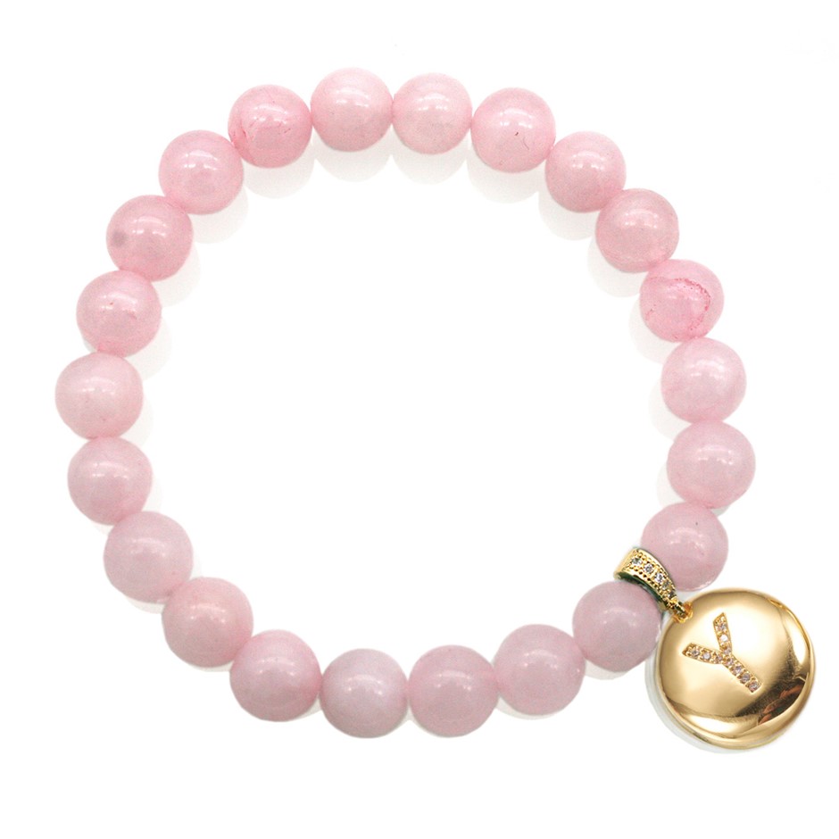 Round Rose Quartz & Letter 'Y' Gold Plated with CZ  Bracelet
