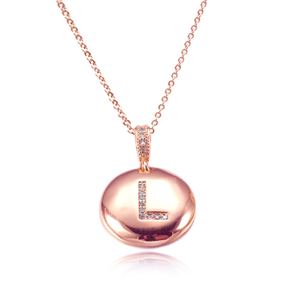 Initial Letter 'L' Charm Rose Gold Plated Pendant Necklace & Cubic Zirconia