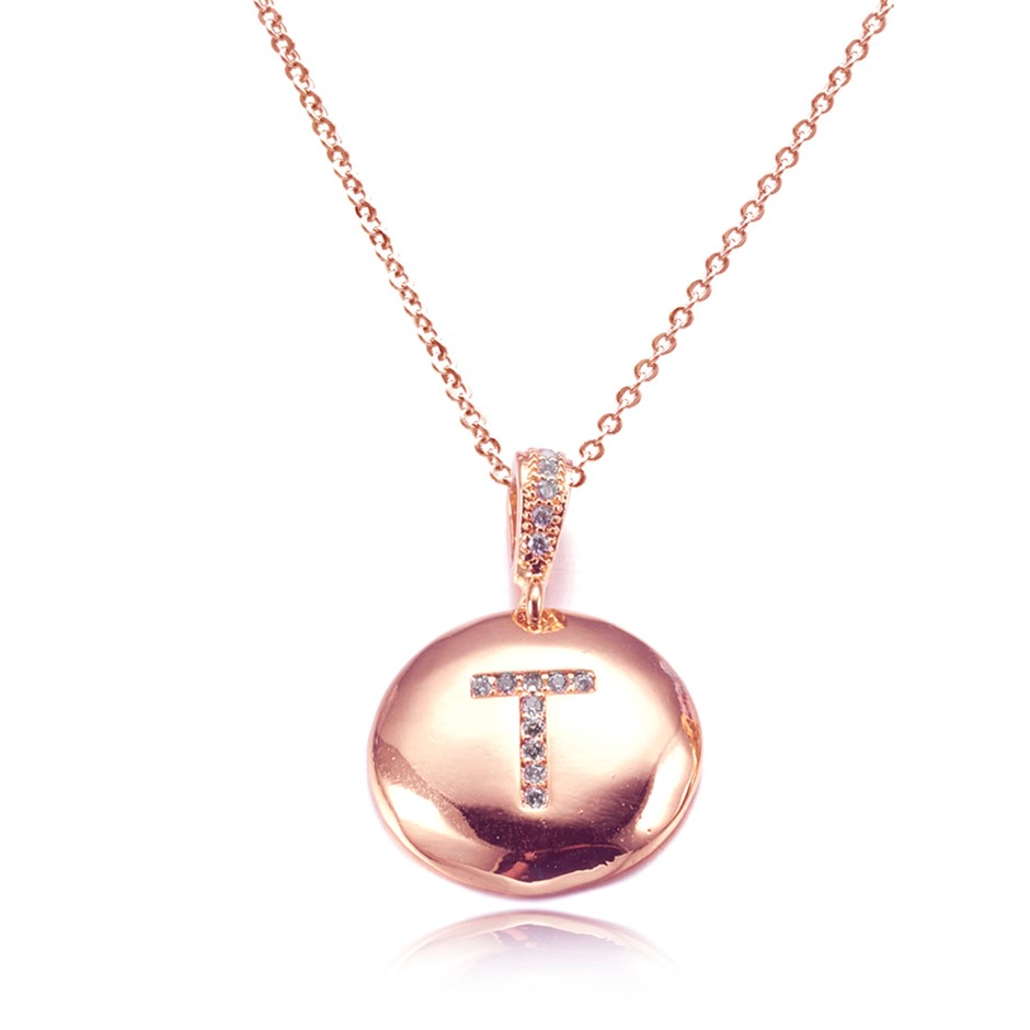 Initial Letter 'T' Charm Rose Gold Plated Pendant Necklace & Cubic Zirconia
