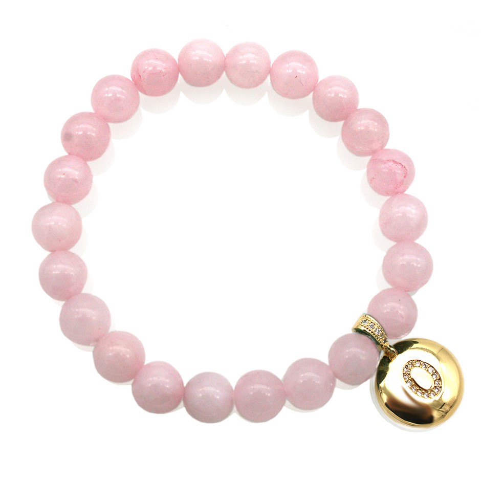 Round Rose Quartz & Letter 'O' Gold Plated with CZ  Bracelet