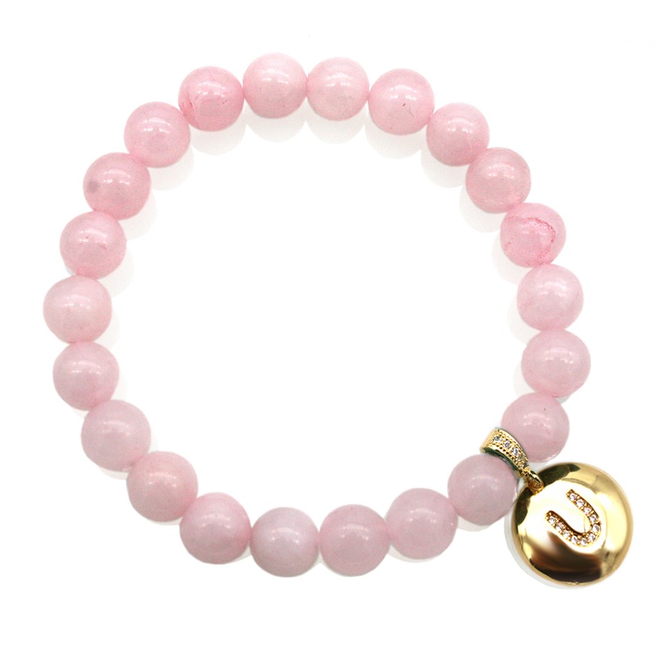 Round Rose Quartz & Letter 'U' Gold Plated with CZ  Bracelet