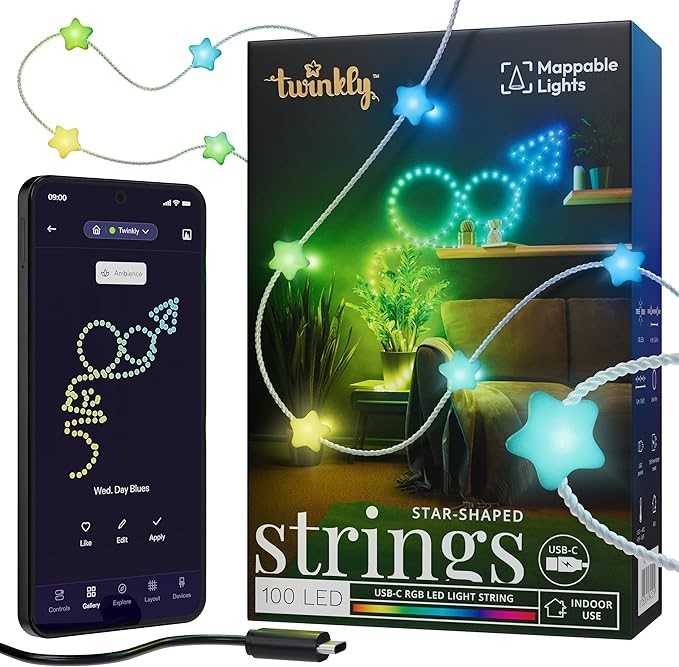 TWINKLY Strings Light 100 Star-Shaped RGB LEDs, Clear Wire, AUB-C, 6 Metres