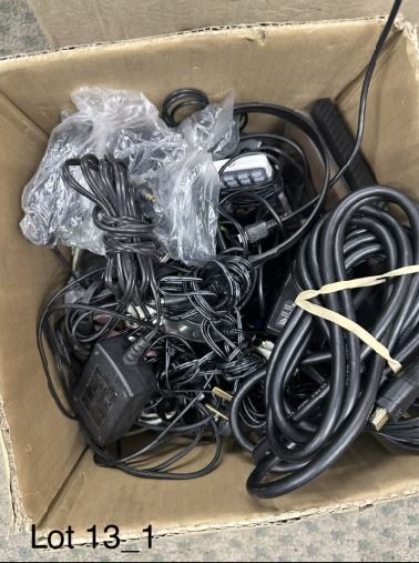 Box of laptop chargers including ASUC, IBM, BOS, Cables & adaptors