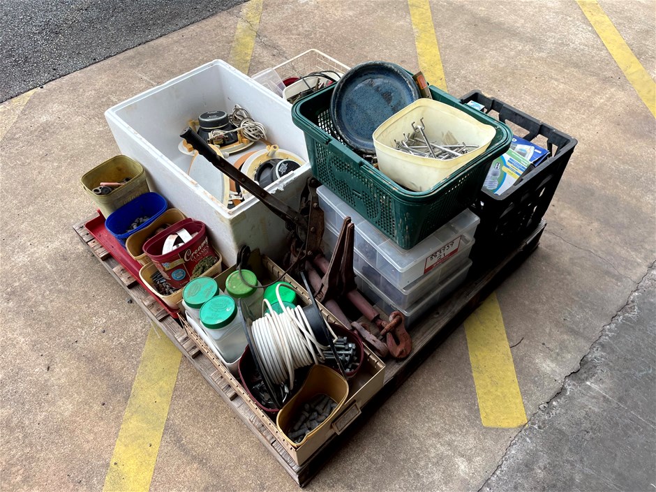 Pallet of assorted bolts, Lights and Brackets