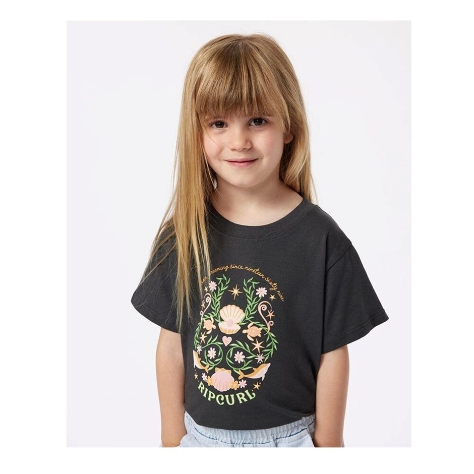 RIP CURL Girl's Sunkissed Dreams Art T-Shirt - Washed Black, Size 3-4. RRP: