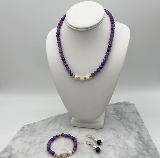 Amethyst, Rose Quartz, Pearls Jewellery Set