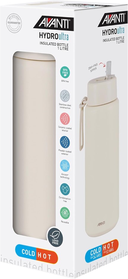 AVANTI HydroUltra Vacuum Water Bottle with Strap, Sand Dune, 1 Litre. NB: S