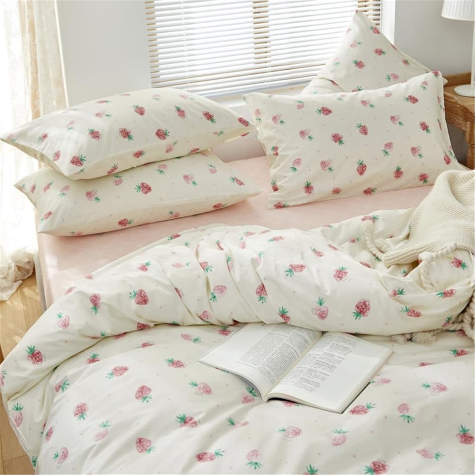 2 x DREAMINGO Cotton Duvet Cover Set with 2 Pillowcases, Cute Strawberry, S
