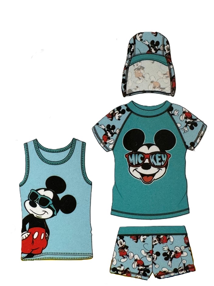 DISNEY Boy's Mickey Character 4 Piece Swim Set: Hat, Bottom, Vest, & Tee, S