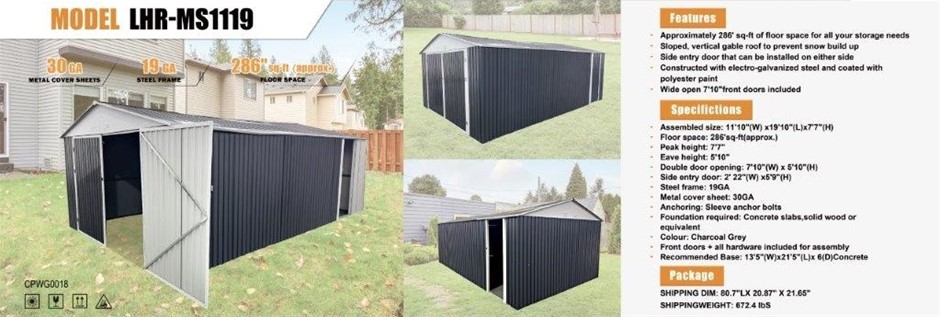 Unused 2025 Landhonor 11ftx9ft  Metal Garage Shed with Double Front Doors 