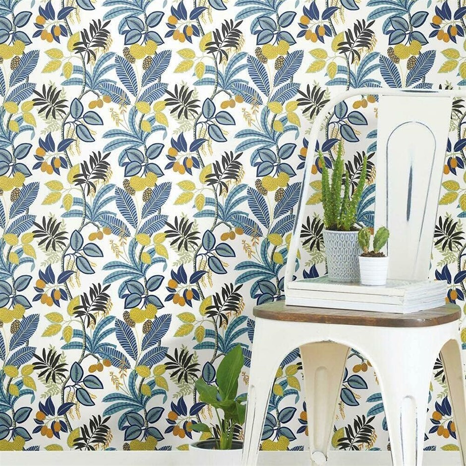RoomMates RMK11577RL Blue and Yellow Funky Jungle Peel and Stick Wallpaper