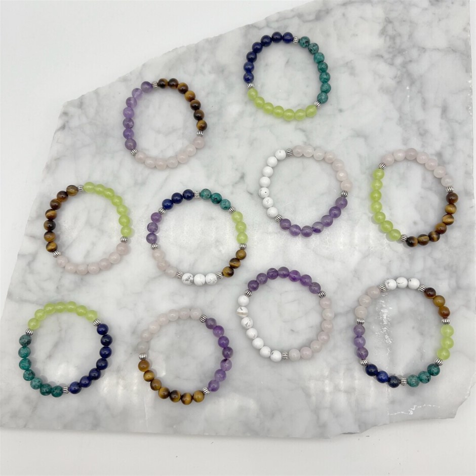 8mm Tri- Colour Gemstone & Antique Spacer Bracelets - 10 Pcs