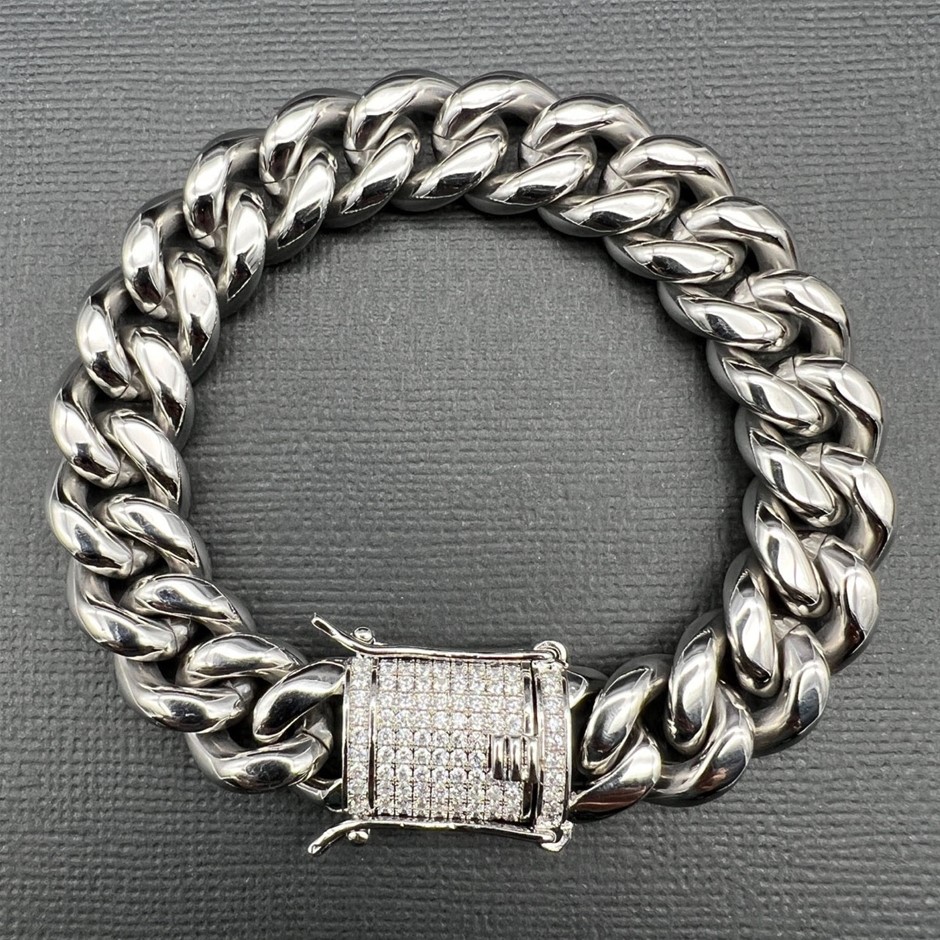 Silver-Filled Cuban Bracelet Simulated Diamond Clasp, 12MM - 20.3cm
