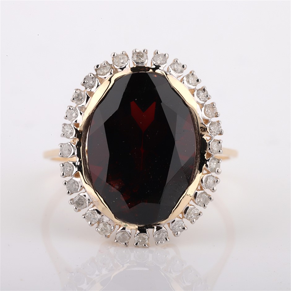 Yellow Gold Natural Garnet & Diamond Ring  with Valuation