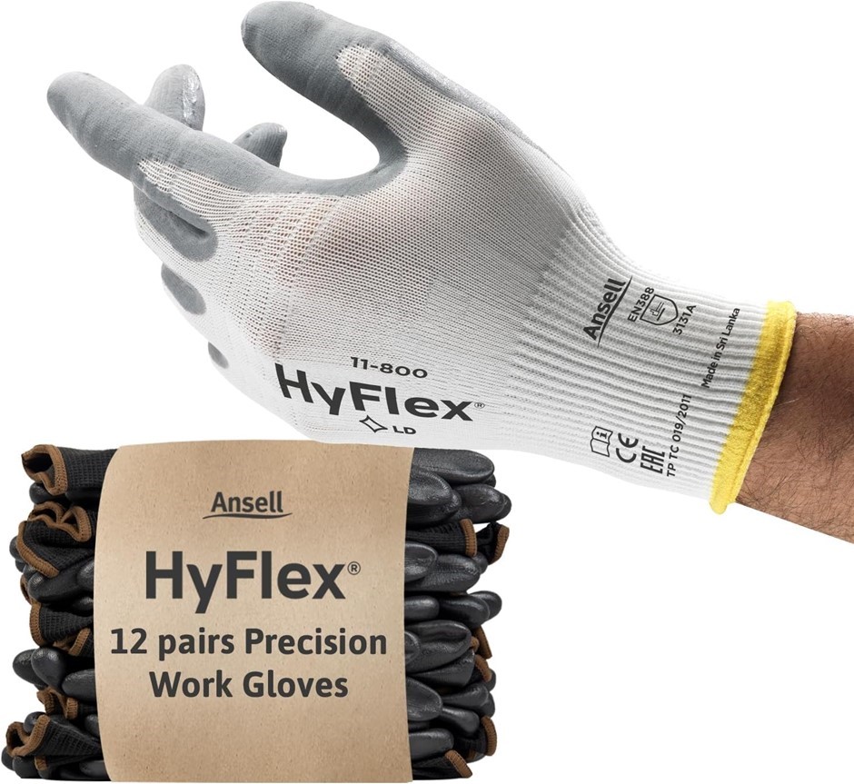 12 Pairs x ANSELL HyFlex 11-800 Professional Work Gloves, Abrasion Resistan