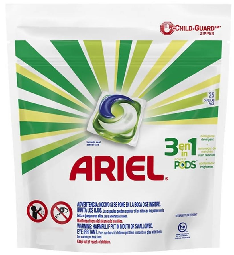 3 x Pack of 25pc ARIEL 3-In-1 Dishwashing Pods, 592g. N.B: Damaged packagin