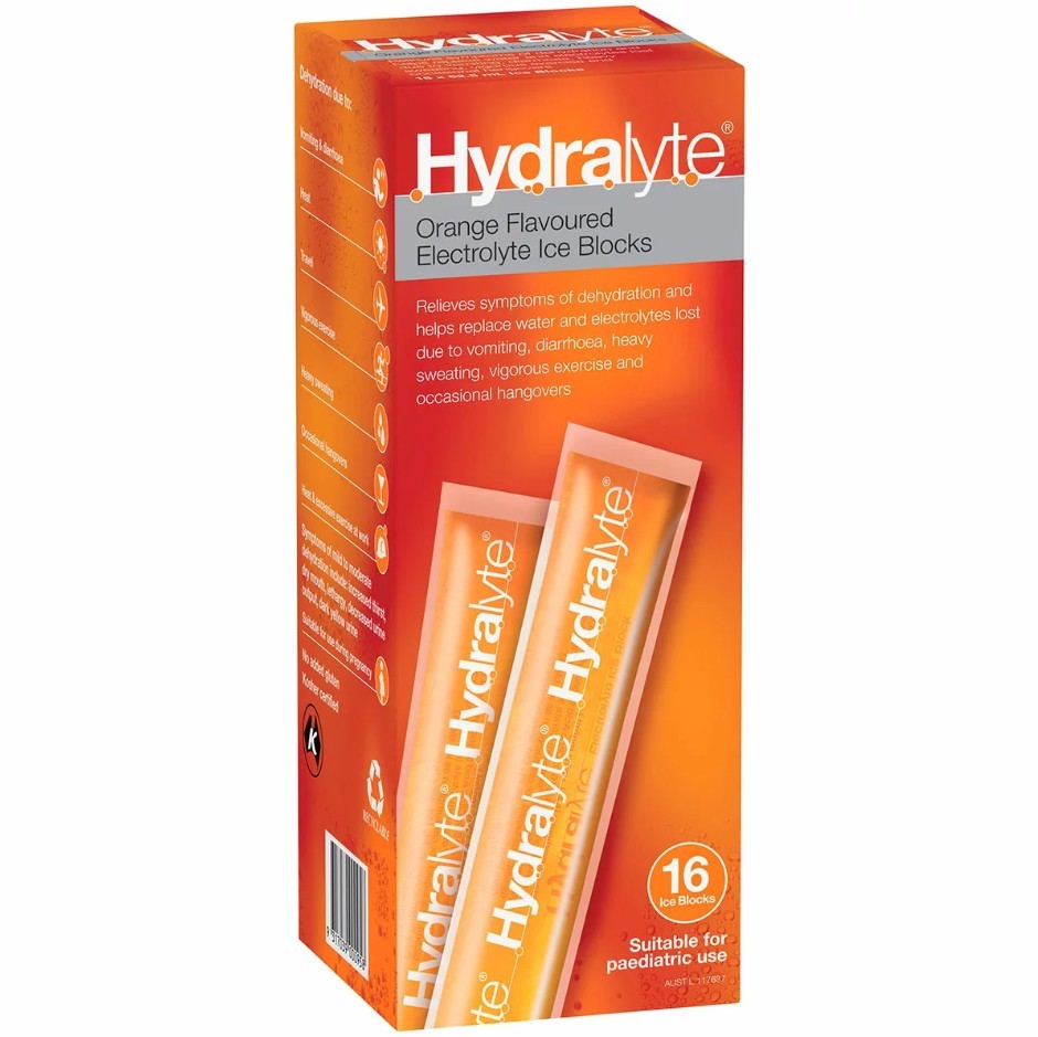 2 x Box of 16pc HYDRALYTE Electrolyte Ice Blocks, Orange Flavour. N.B: Dama