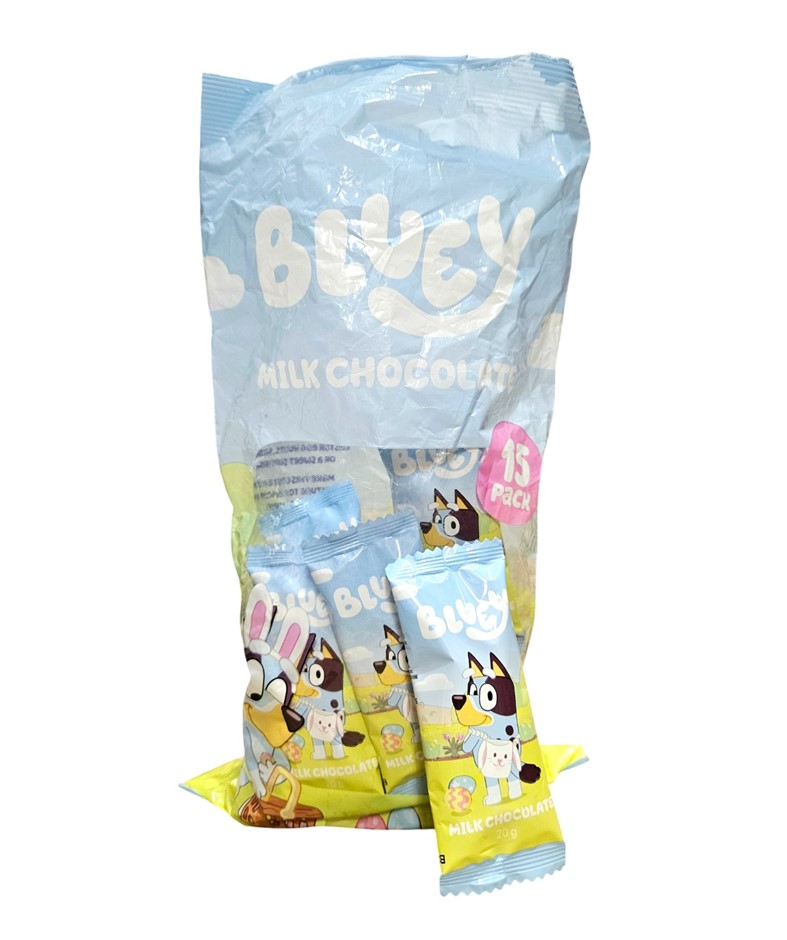 2 x Pack of 15pc BLUEY Milk Chocolate, 20g Each Bar, 300g Net. N.B: Damaged