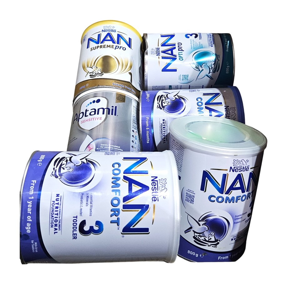6 x Assorted Baby Formula Cans, Incl: NAN & APTAMIL. N.B: Dented cans.