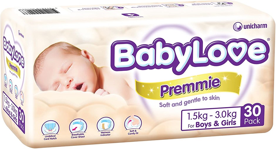 4 x Pack of 30pc BABY LOVE Premmie Nappies, Size 0, For 1.5-3kg. N.B: Damag