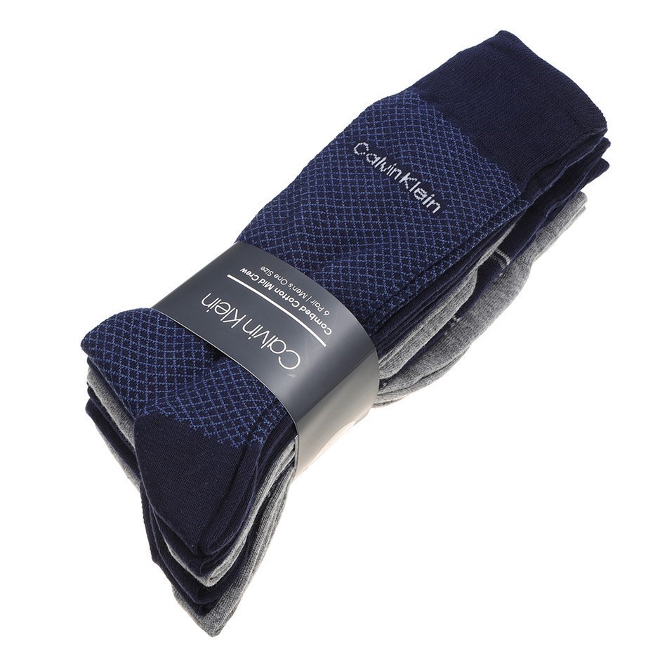 CALVIN KLEIN Men's 6 Pair Combed Cotton Mid Crew Socks, One Size, Navy Patt