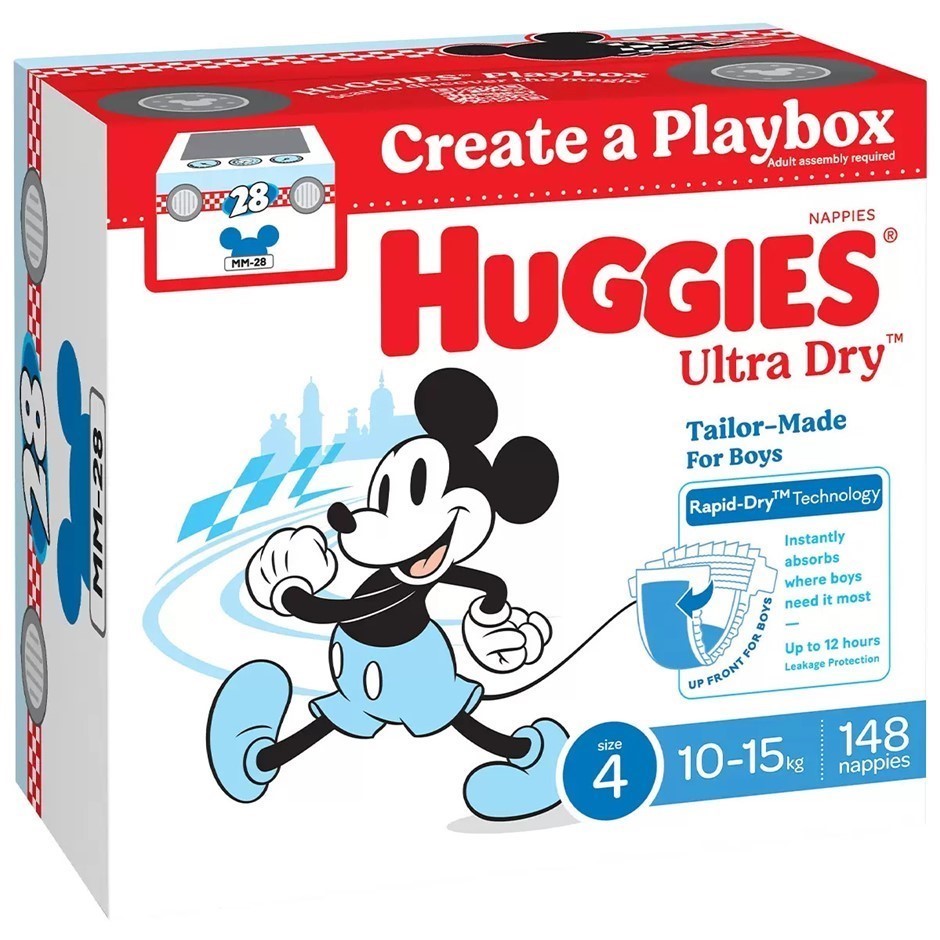 Box of 148pk HUGGIES Ultra Dry Nappies For Boys, Size 4, 10-15kg, Mickey Mo