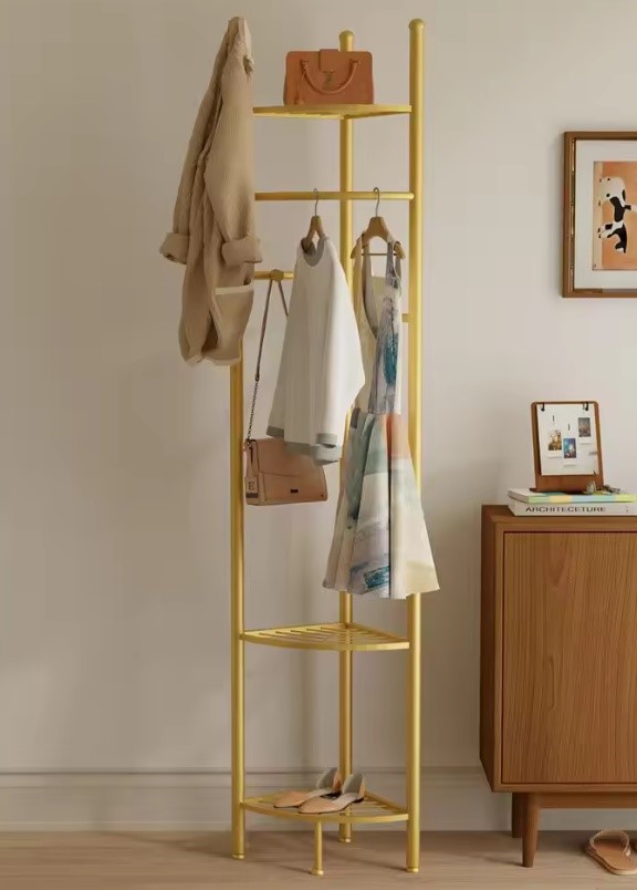 Metal Corner Coat Stand Clothes Rack with Storage Shelf Free Standing Garme