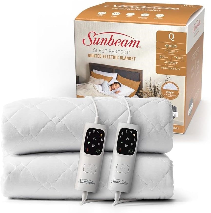 SUNBEAM Sleep Perfect Quilted Electric Blanket Queen, Fully Fitted Quilted