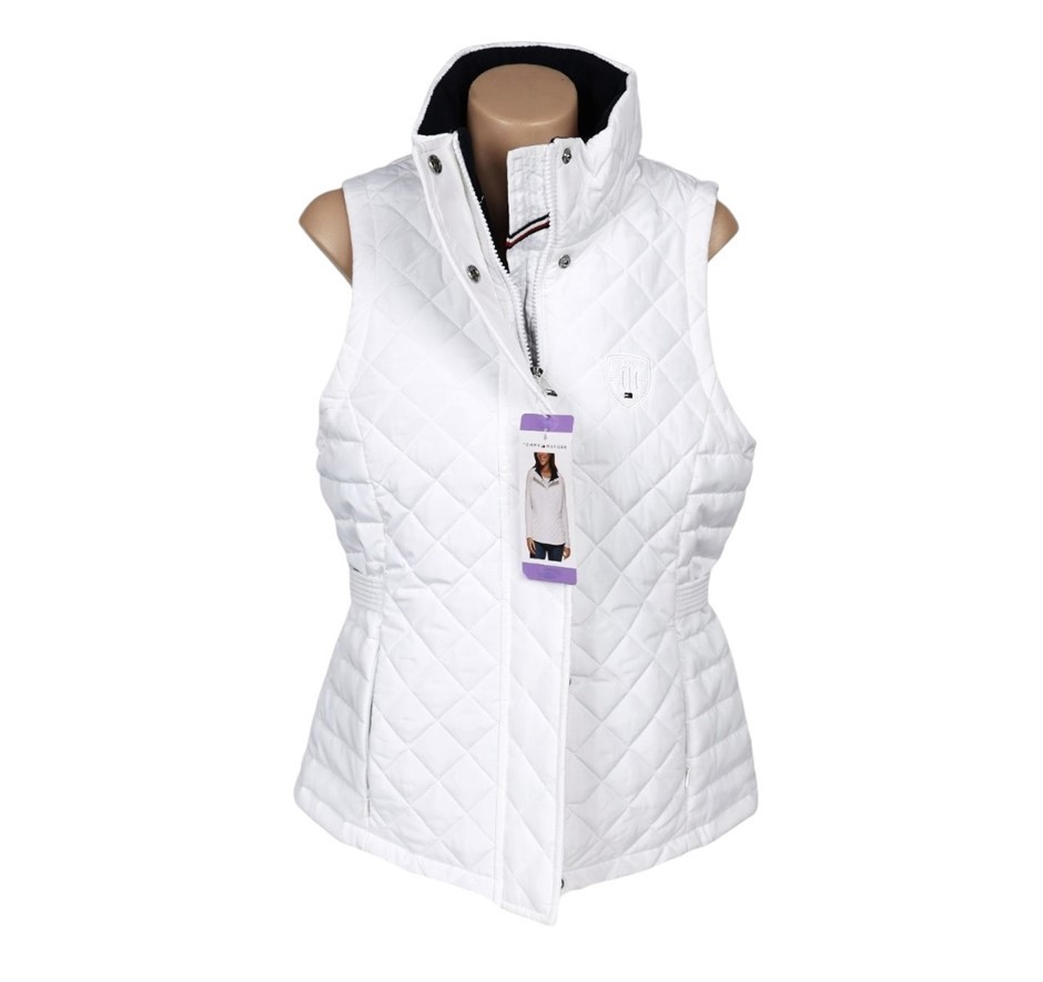 TOMMY HILFIGER Women's Fleece Collar Quilted Vest, Size M, White (100).