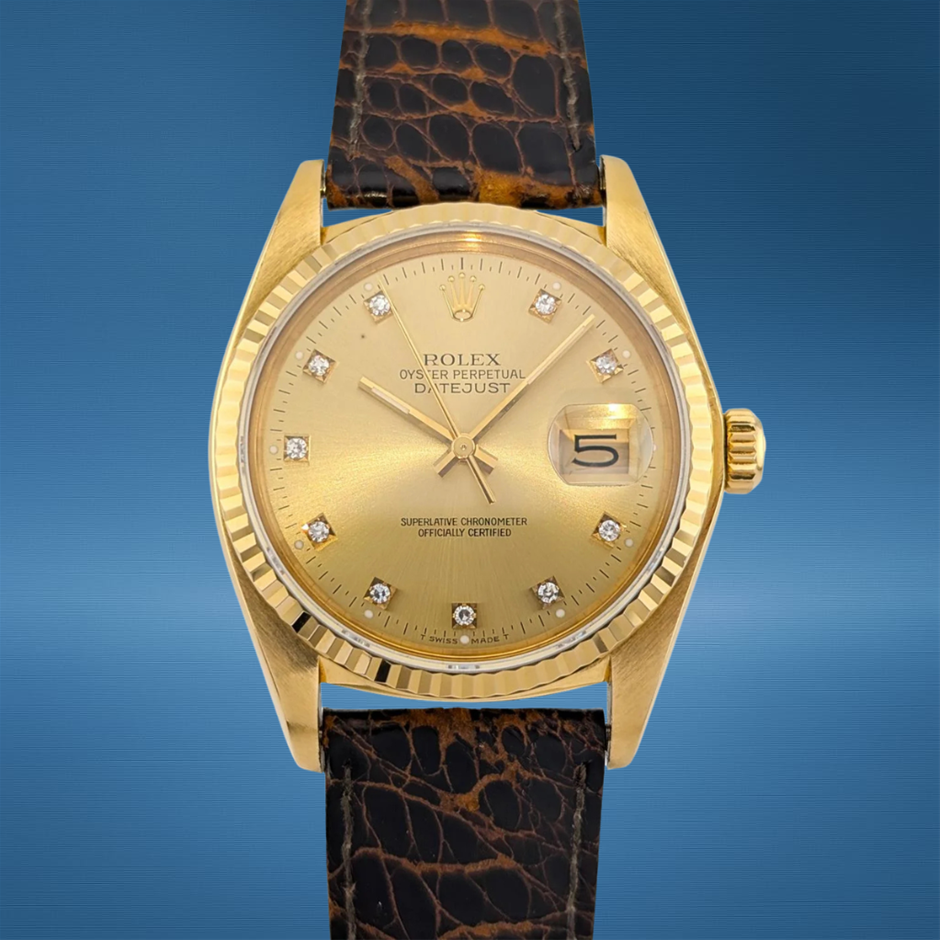 Rolex 16018 Datejust 36 Champagne Diamond Dial 18K Yellow Gold WxO