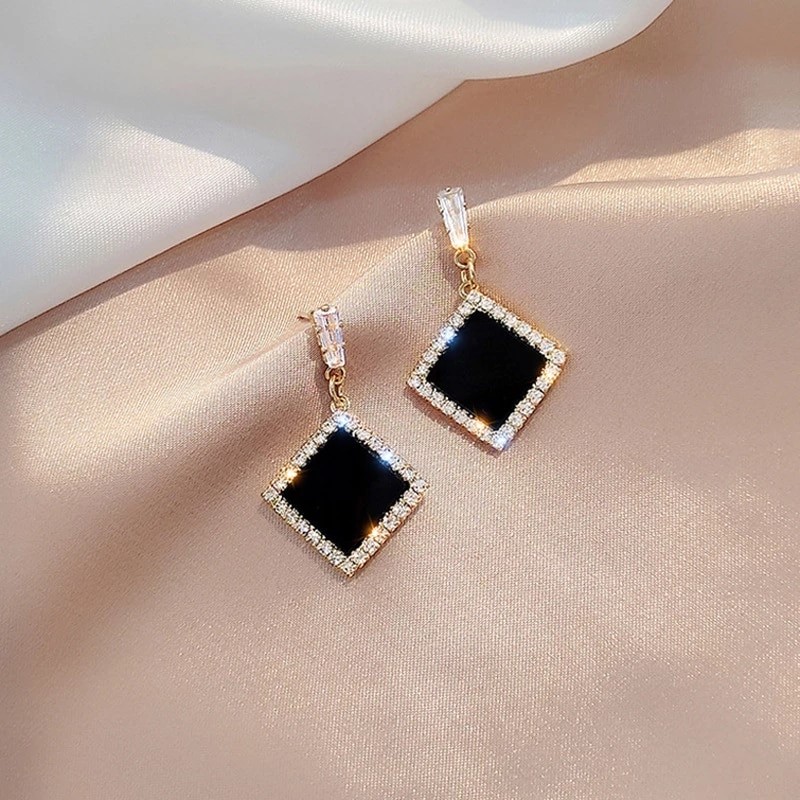 Designer Simulated Diamond, Diamond Shaped Black Drop Earrings in Gold