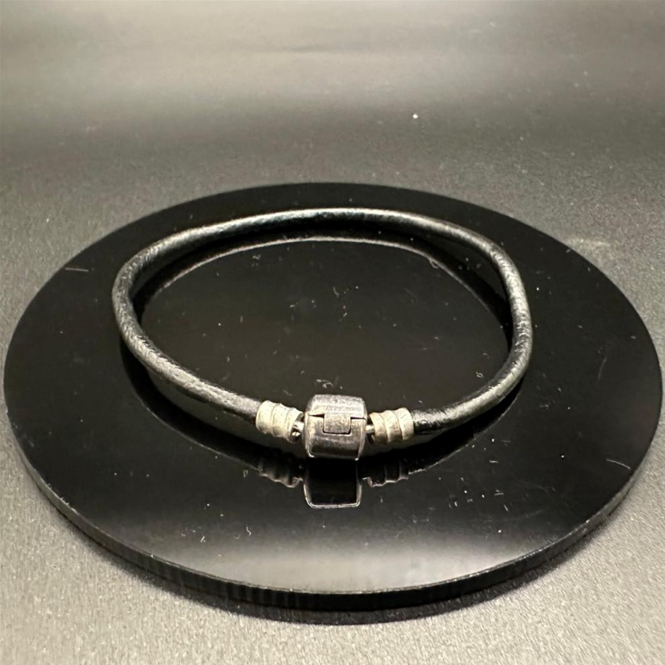 Designer Silver Ball Black Leather Bracelet