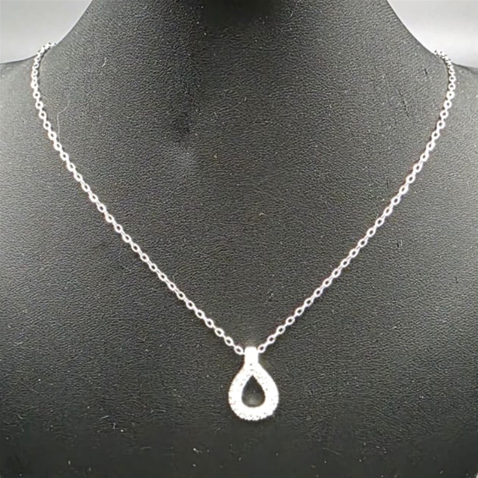 Designer Teardrop Simulated Diamond Pendant Necklace in Silver