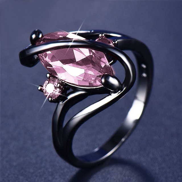 Designer Black Swirl Ring with Pink Simulated Diamonds - US Size 8