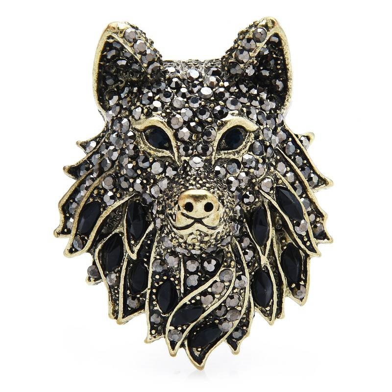 Designer Simulated Diamond Black, White & Gold Wolf Brooch Pin