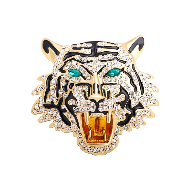 Designer Simulated Diamond White & Green Tiger Brooch Pin