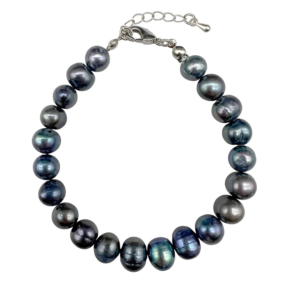 8-9mm Peacock Blue Potato Shape Pearl with Platinum Plated Bracelet