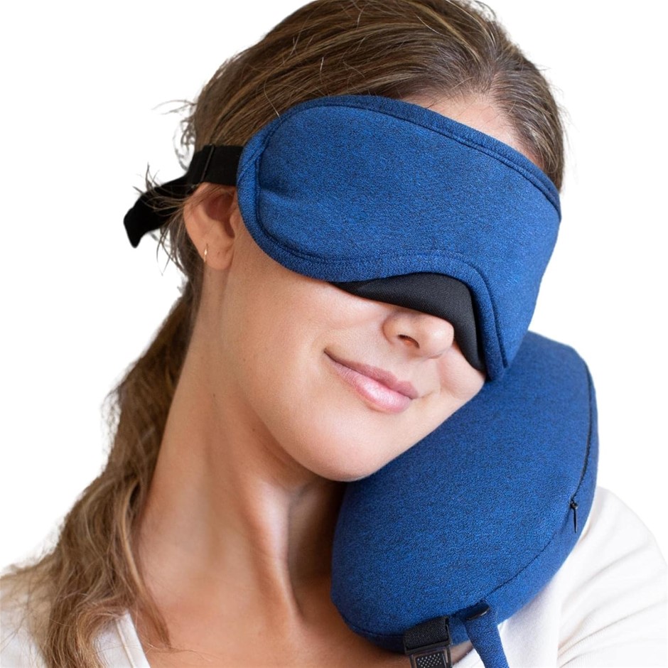 DOT&DOT 2-in-1 Adjustable Travel Neck Pillow with Eyemask, Memory Foam, Blu
