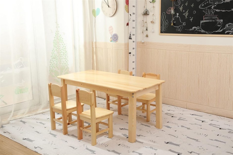 HELLODEALS 120x60cm Pine Wood Wooden Timber Kids Table & 4 Wooden Chairs Se