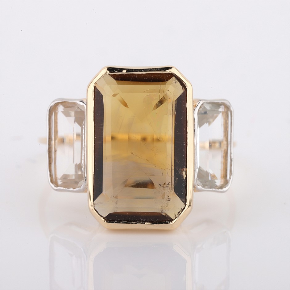 Yellow Gold Natural Citrine / Natural White Topaz Ring with Valuation