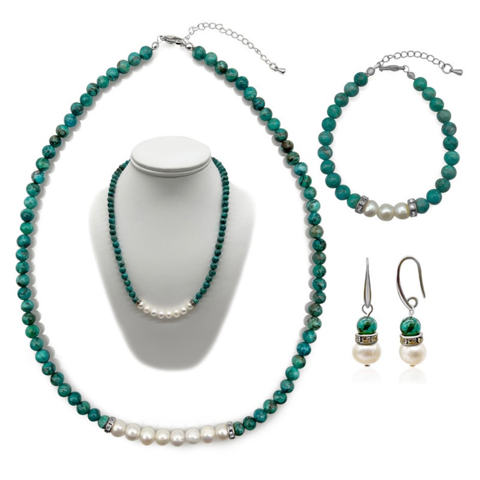 7-8mm Pearl & African Jasper 'Turquoise' Real Platinum Plated Jewellery Set