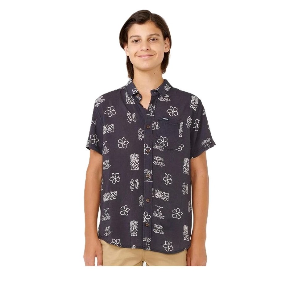 RIP CURL Boy's Evolution Short Sleeves Shirt - Black, Size 14. RRP: $60. B