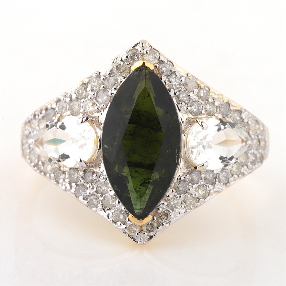 Yellow Gold Natural Tourmaline / Natural White Topaz & Diamond Ring with