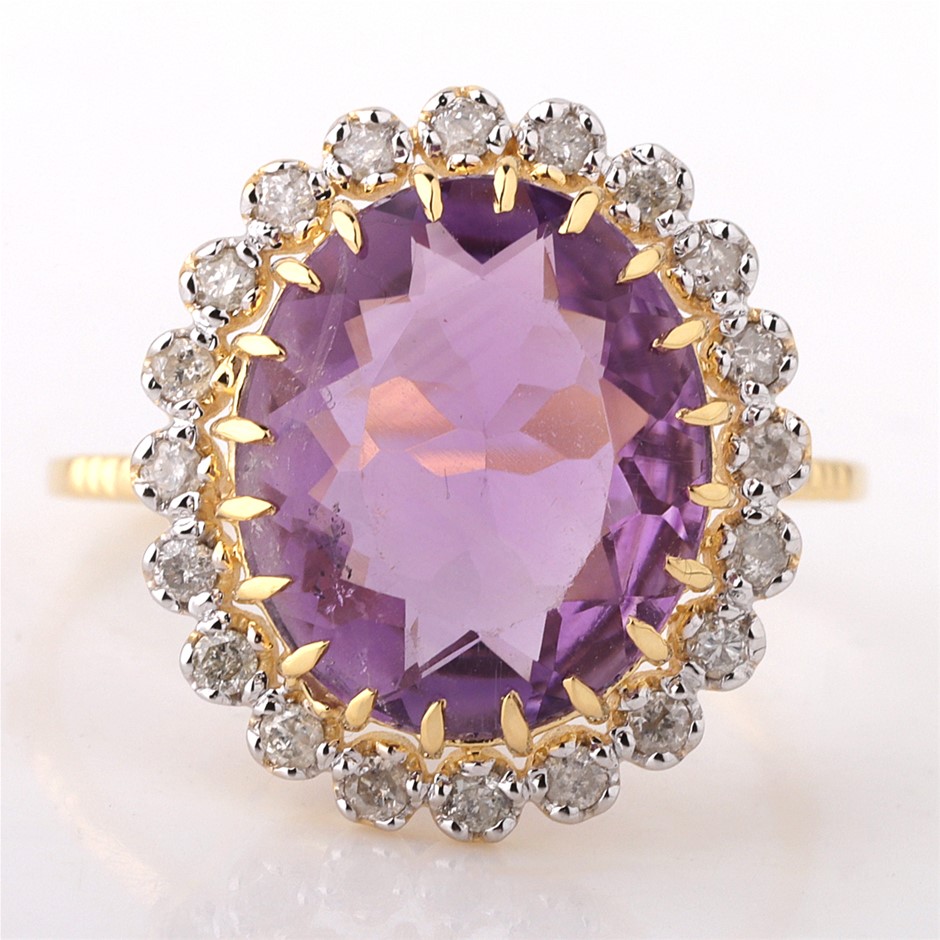 Yellow Gold Natural Amethyst & Diamond Ring with Valuation