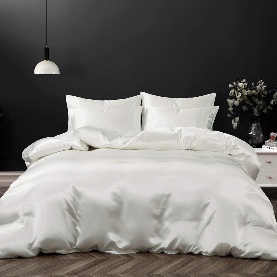 PPOTHUINY Satin Luxury Silky Like Ivory White Duvet Cover with Zipper Closu