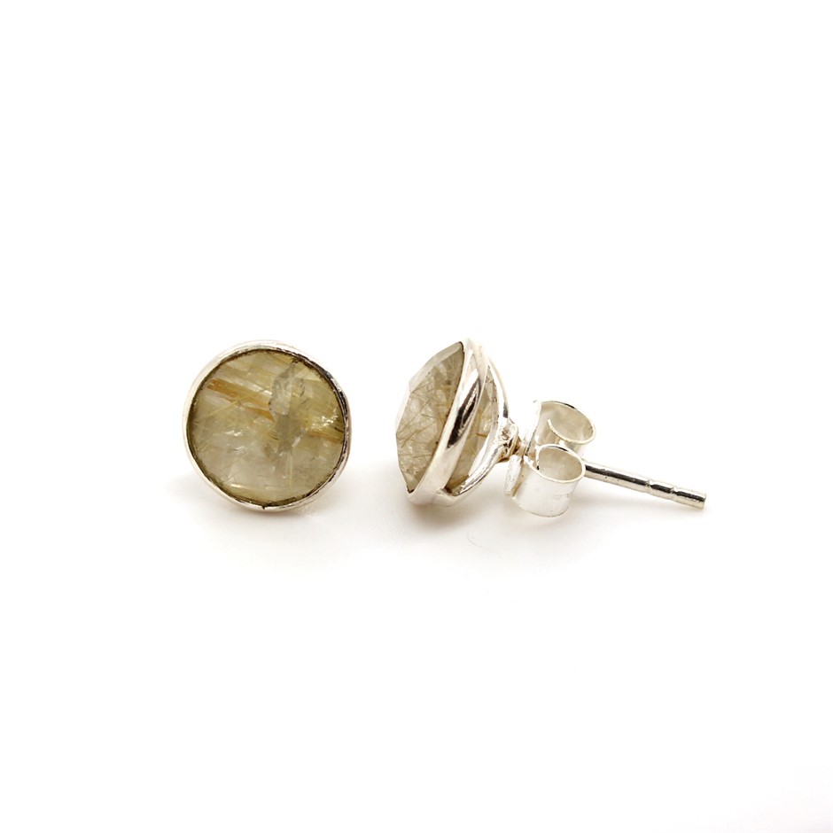 Handcrafted Rutilated Quartz Stud 925 Sterling Silver Gemstone Earrings