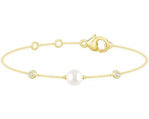 9K YELLOW GOLD 0.07ct FVS LAB DIAMOND FW PEARL BRACELET 17-19cm