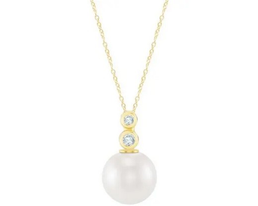 9K YELLOW GOLD 0.05ct FVS LAB DIAMOND FW PEARL NECKLACE 40-45cm