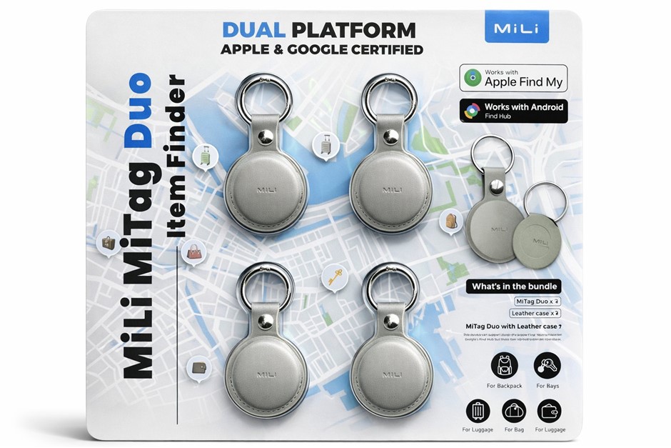 MILI MiTag Duo Item Finder, Dual Finder Apple & Google Platform, 4 Pack. NB