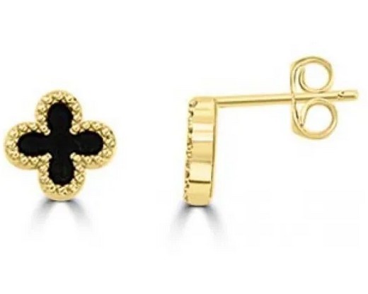 9K Yellow Gold BRACELETACK ONYX CLOVER STUD EARRINGS